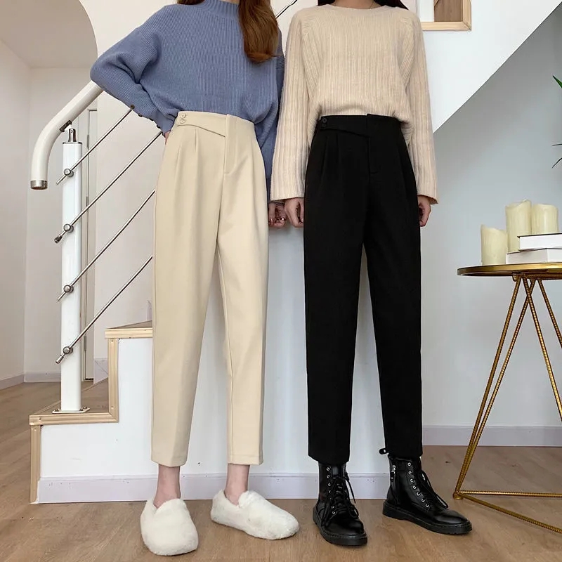 Autumn and winter 2022 new thickened woolen pants women's Korean version of high-waisted straight-leg suit pants are thin all-match casual pants trend