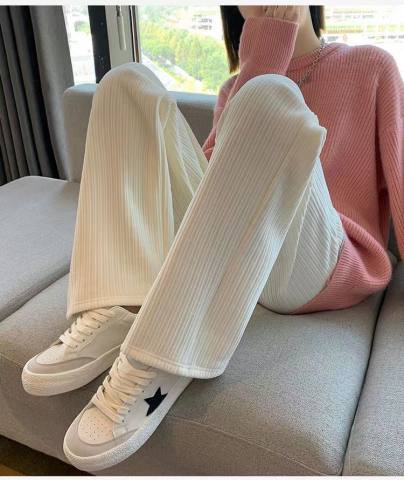 Chenille wide-leg pants women's 2022 autumn and winter new style plus velvet thin cream pants trousers drape straight pants trend