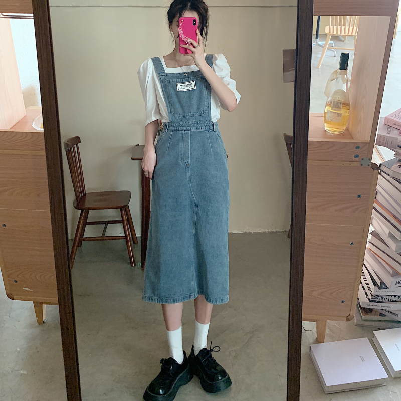 Real price Korean loose waist slim mid long letter denim strap skirt