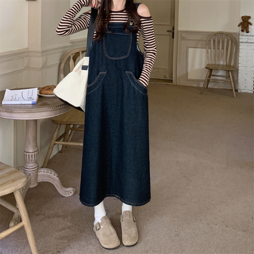 Actual shooting of new fat mm large women's wear aging denim medium length loose and thin suspender skirt s-5xl200 kg