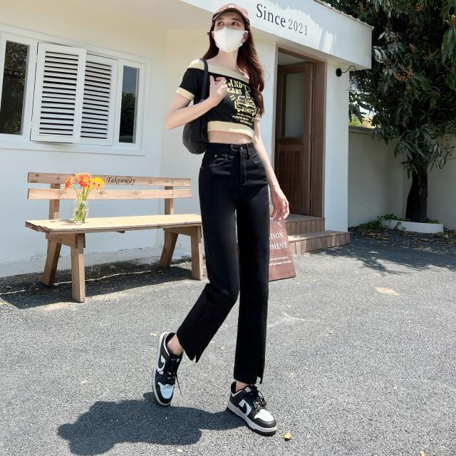 Stretch black slit jeans women's spring and summer high-waist slightly loose and thin straight-leg nine-point pants small cigarette pipe pants