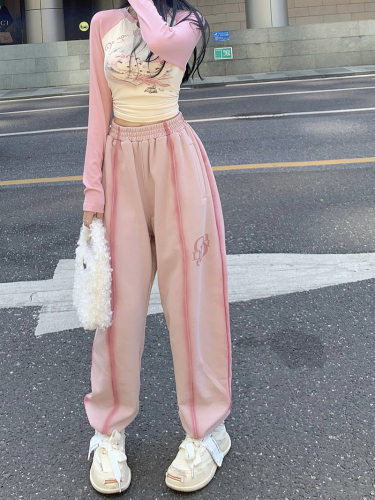Real price cat bottoming shirt long-sleeved T-shirt + casual letter beam pink sweatpants harem pants women