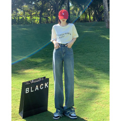 Real shooting of holes, high waist straight jeans, women's new spring 2022 woolen loose wide leg pants, high street