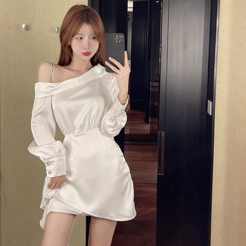 Real shot real price long-sleeved dress women's autumn high-quality temperament satin oblique shoulder bag hip shirt skirt