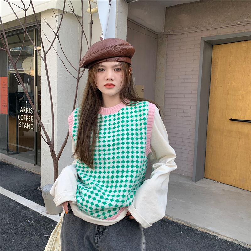 Real Price Real Price Retro Plaid Checkerboard Contrast Color Round Neck Sweater Vest Vest