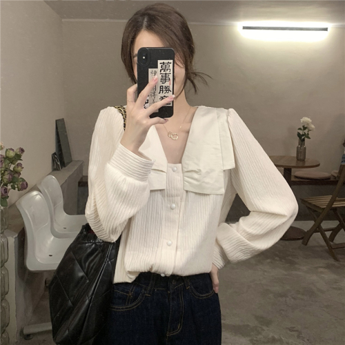 Real shot real price retro hit color double-layer lapel texture sense long-sleeved shirt spring gentle temperament shirt top
