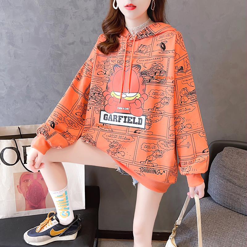 Real shot autumn new Korean version hooded cartoon print loose medium and long section large size women's thin section sweater women
