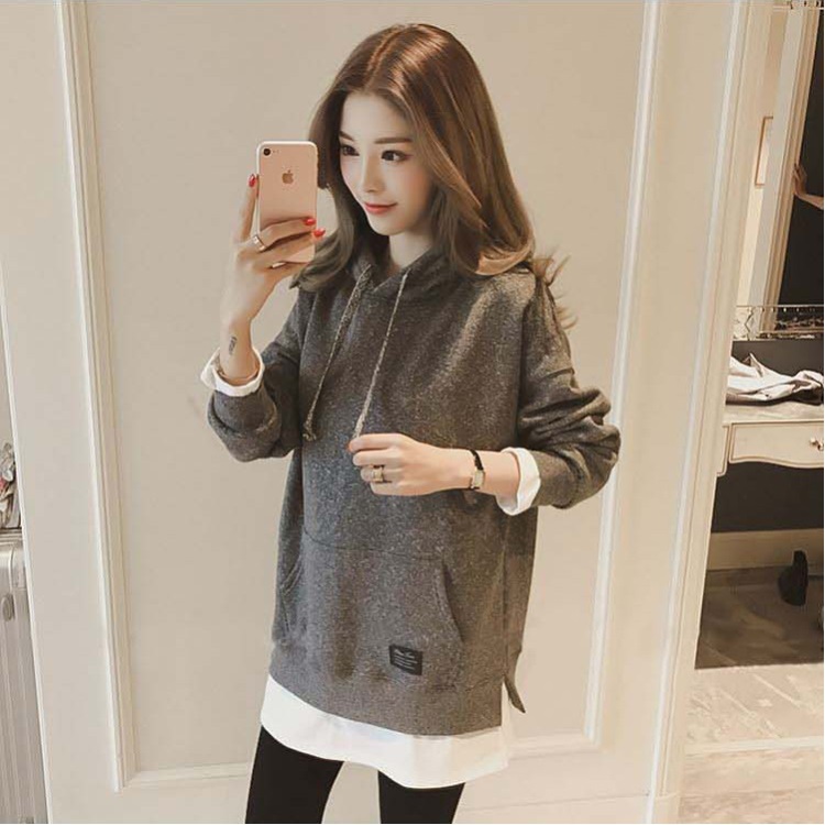 Sweater women's autumn and winter coat new loose mid-length plus velvet fake two-piece top trendy ins