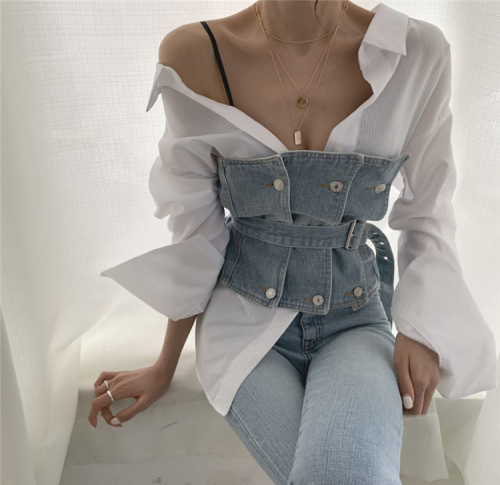 Sexy double necked striped shirt + two piece suit with bra and belt Denim Vest
