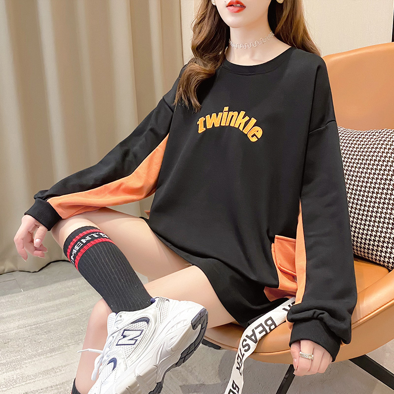Real shot ~ 75 polyester fiber 25 Cotton autumn Korean loose large medium length color matching thin Pullover Sweater for women