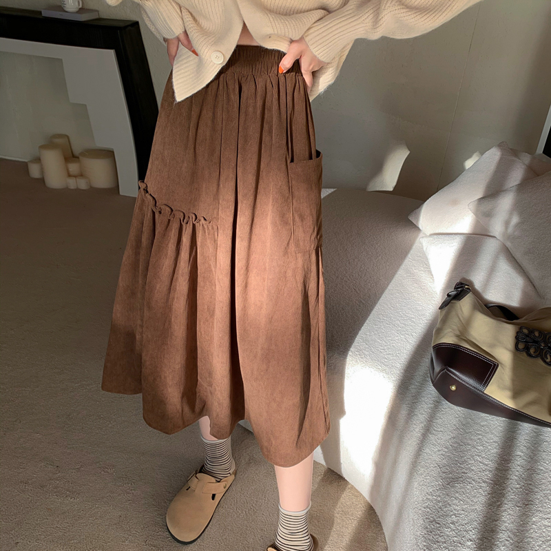 Corduroy fungus high waist skirt women's autumn 2022 new retro all-match thin design A-line skirt