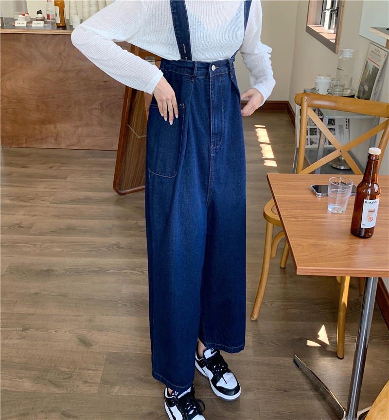 Real shooting autumn new large women's fat mm denim suspenders loose wide leg Jumpsuit
