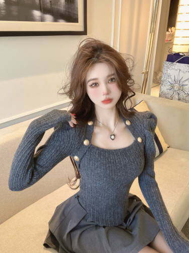 Real shot real price careful machine square collar short slim velvet sweater bubble shoulder clavicle showing thin bottoming shirt for women