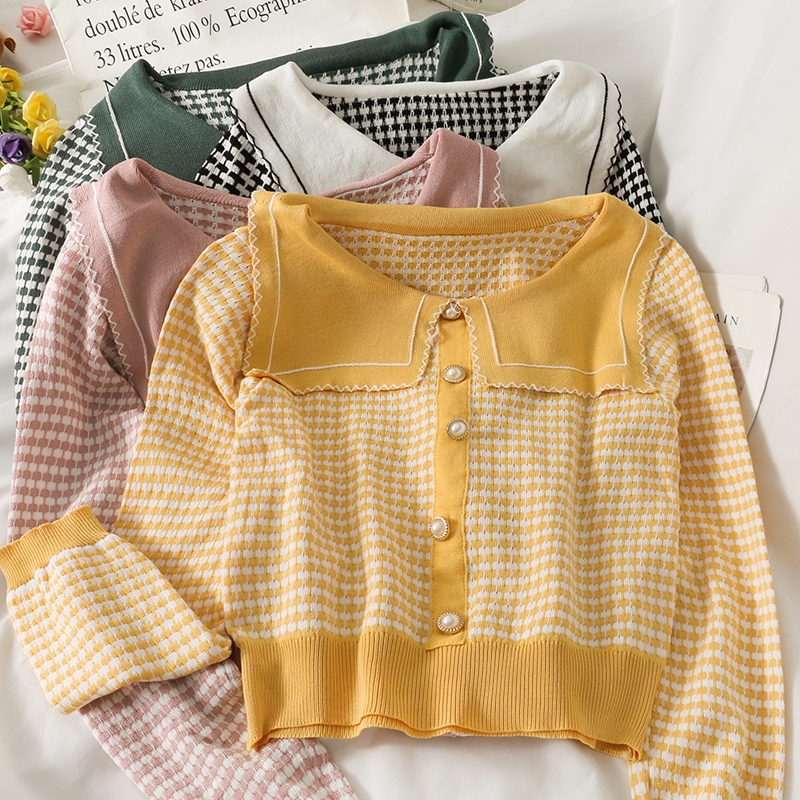 Navy collar Plaid jacquard breasted T-shirt for women in 2021
