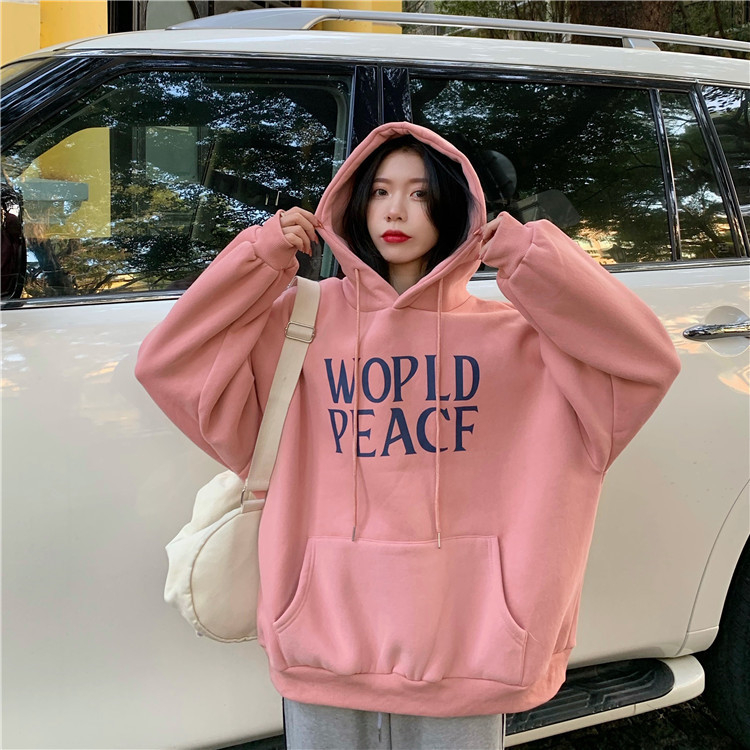 Fleece thickened sweater coat women's autumn and winter Korean version 2021 new hooded loose printing long-sleeved top trendy