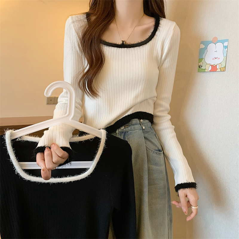 Real shot real price autumn and winter new design sense plush splicing pit strip with bottoming long-sleeved sweater top for women