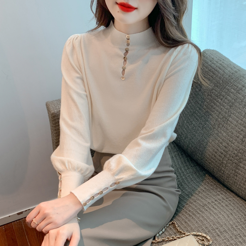 Real shot #2022 new autumn and winter Korean style slim bottoming collar knitted lantern sleeve bottoming shirt top