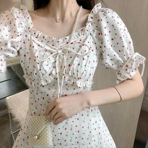 Garden Style Floral Dress spring and summer new Platycodon grandiflorum French blue collar bubble sleeve slim dress