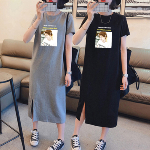 Summer short sleeve dress casual belly covering large women's loose medium length knee over bottomed T-shirt skirt