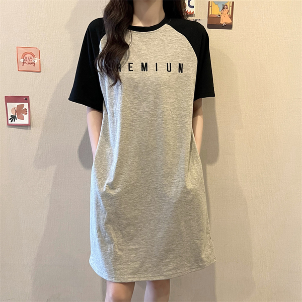 Real shot New letter embroidery pocket loose short-sleeved T-shirt dress long dress