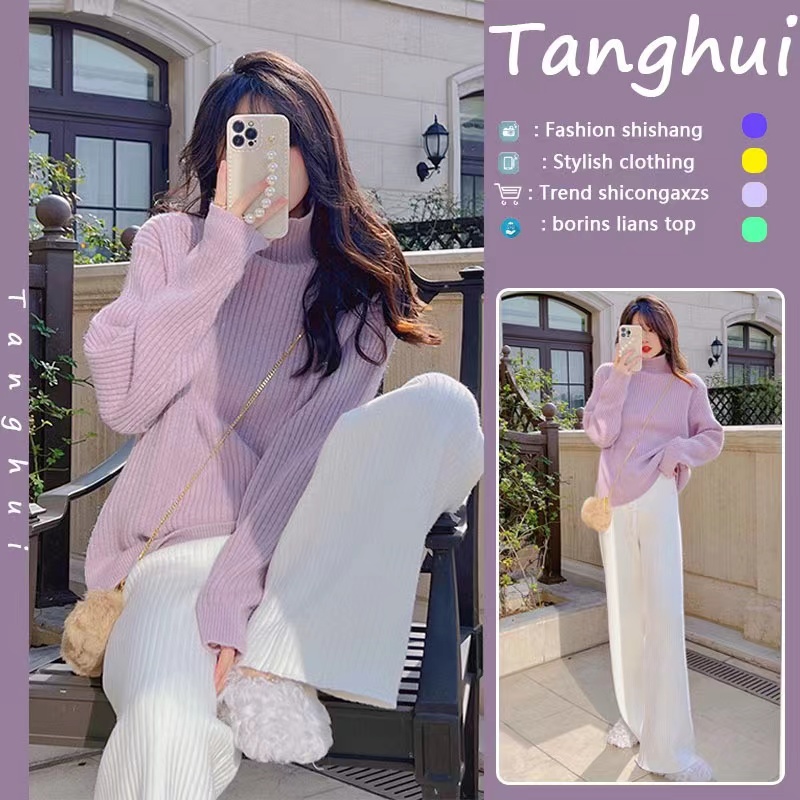 Purple Korean Lazy Wind Sweater Women's Autumn and Winter Turtleneck Pullover Loose Knit Sweater Top Gentle Wind Milk Dress