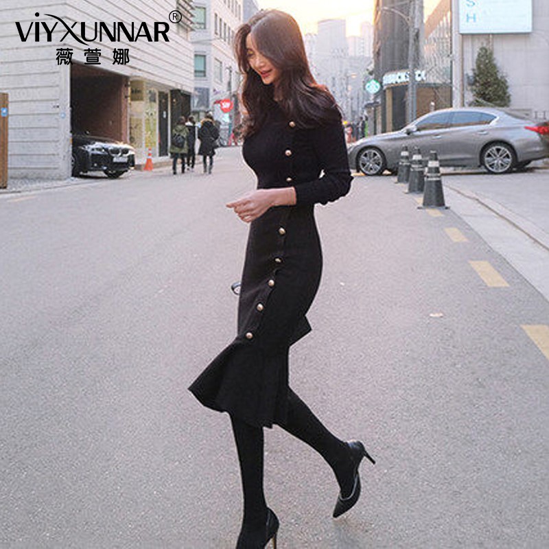 Knitted dress women's autumn 2020 new autumn temperament sexy slim slim Ruffle fishtail skirt skirt
