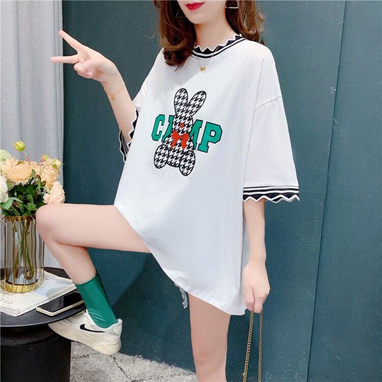 Official figure summer Korean version loose new large size women's clothing print stitching mid-length short-sleeved t-shirt women