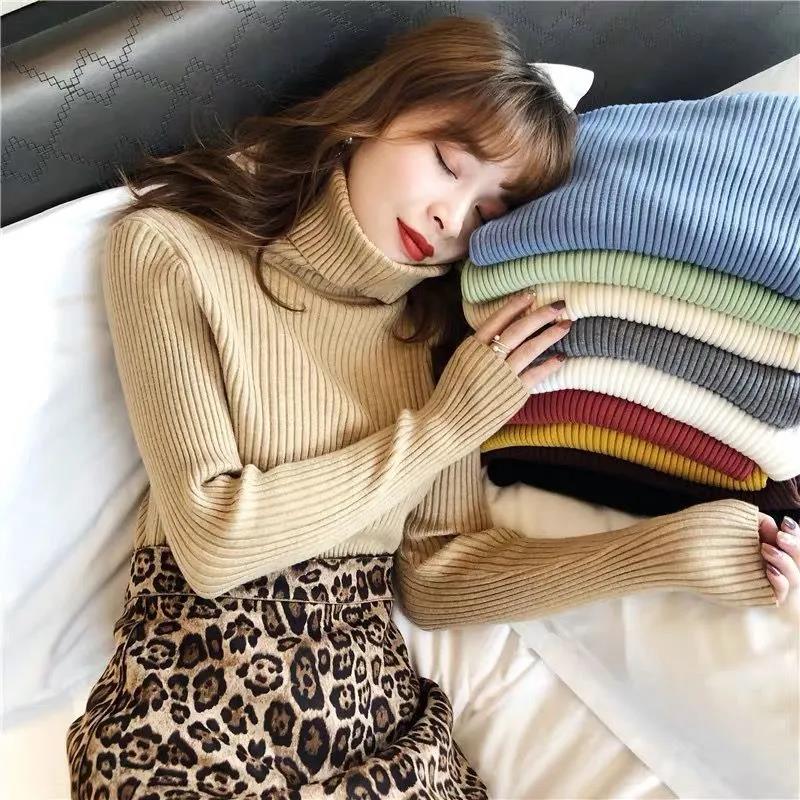 Official figure high necked sweater women's autumn and winter new style foreign style solid color slim fit with a bottom and a sweater top