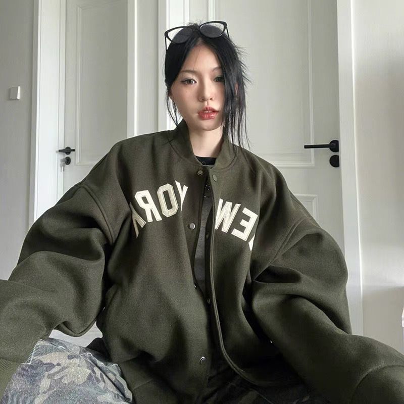 National tide high street towel embroidered alphabet baseball uniform women's winter clothing plus velvet thick loose oversize jacket coat