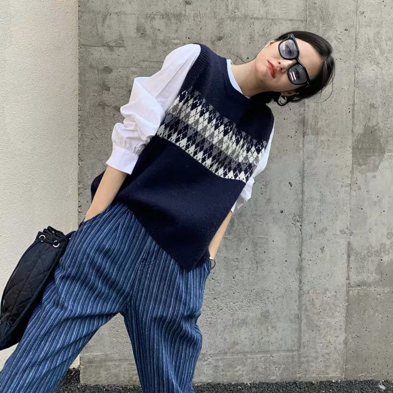 Autumn new loose knit vest women's Korean round neck Pullover contrast diamond sweater