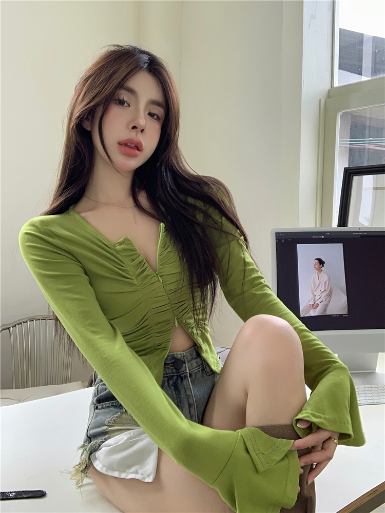 Real Shot~ Net Price Honey Mustard TEE Fresh Tone Butterfly Fold Slim Fit Versatile Long-sleeved T-Shirt Top