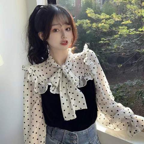 Polka Dot French women's Shirt New 2022 bow Ruffle White Collar Chiffon Top Women's autumn dress