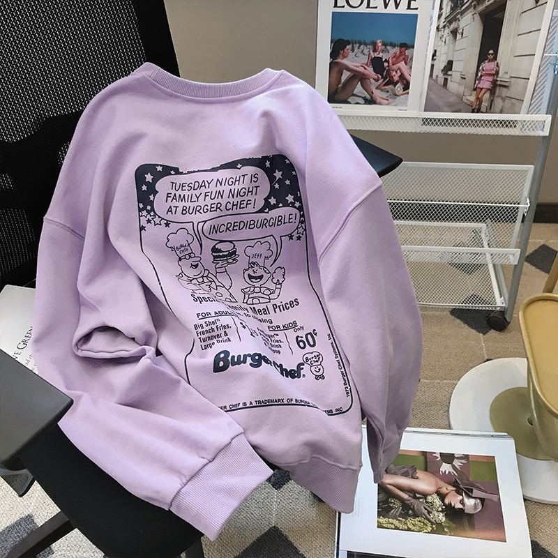 Cotton imitation interwoven fabric Autumn and winter thickened fleece sweater women's round neck printed women's top Back bag