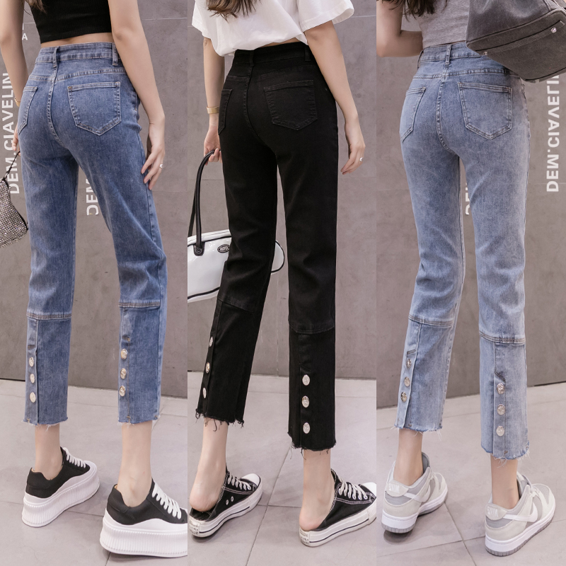 2021 high elastic back button fashion high waist new Capris small straight jeans women's jeans