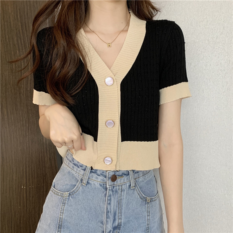 Summer 2021 new Korean version small loose V-neck temperament contrast short top short sleeve knitted cardigan