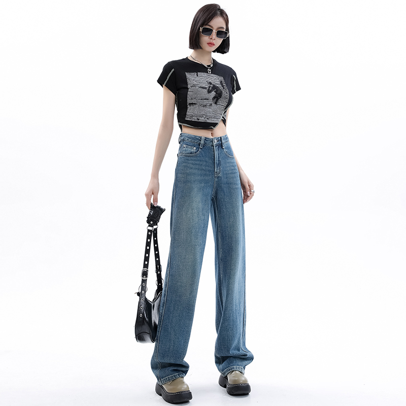 Super soft yarn drape retro wide-leg jeans women's new loose high waist drape all-match mopping pants slim trousers
