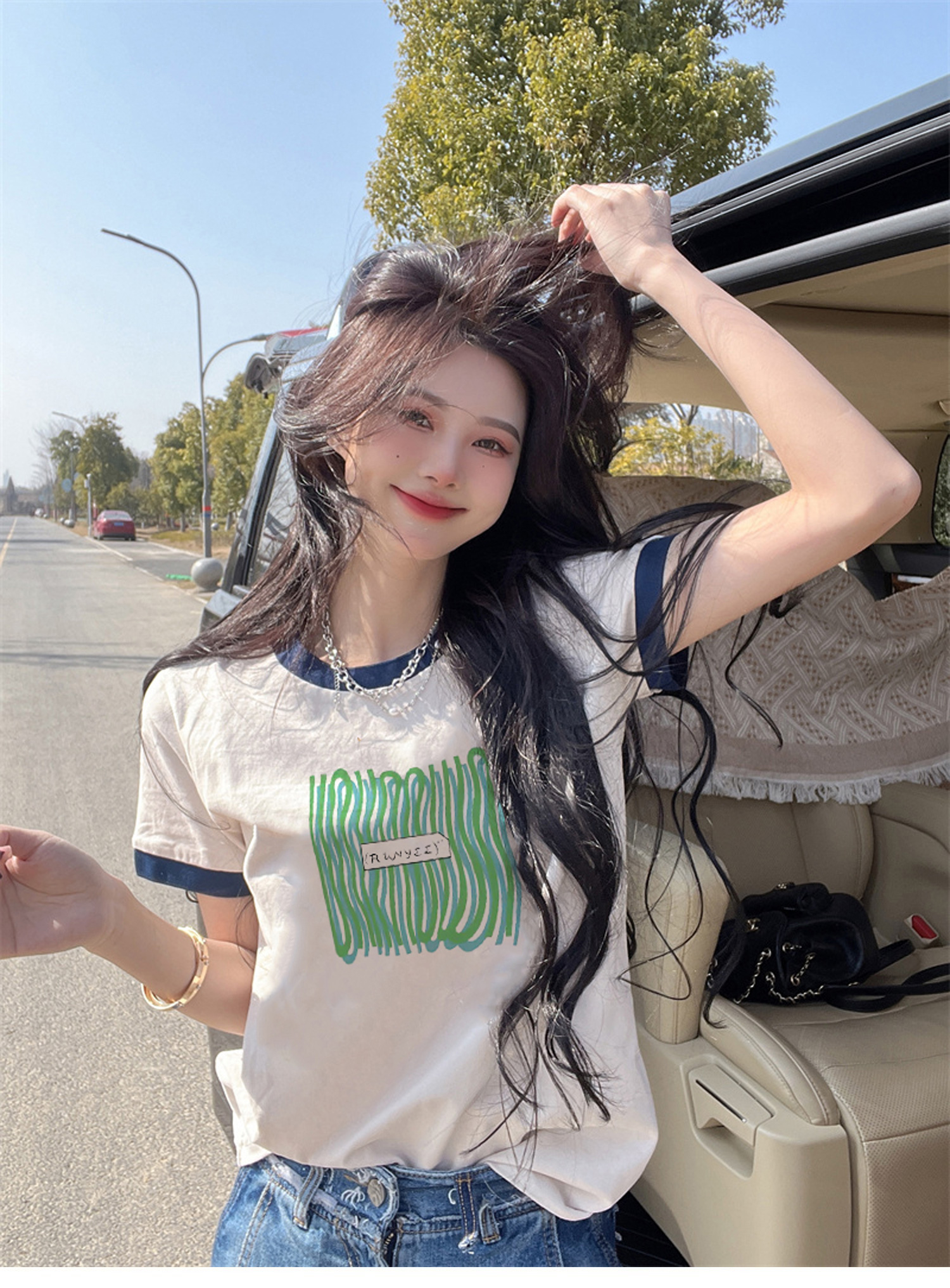 Cotton short-sleeved T-shirt women's 2023 summer new design sense color contrast loose and versatile shoulder half-sleeve T-shirt top