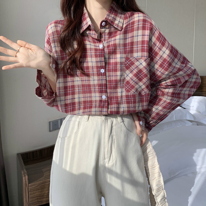 Real price Korean retro simple loose check long sleeve shirt women's sunscreen jacket