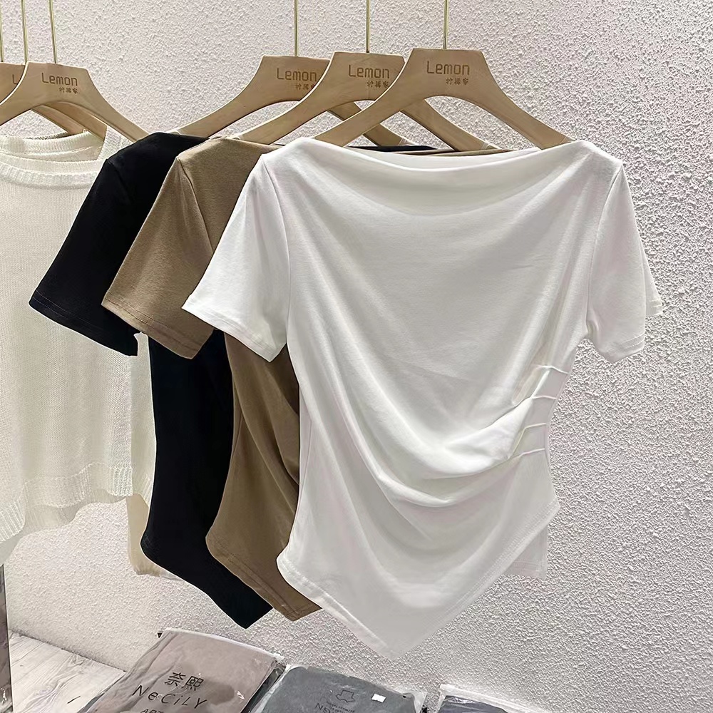 One-line collar short-sleeved women's summer slimming T-shirt design niche bottoming shirt foreign style irregular top ins