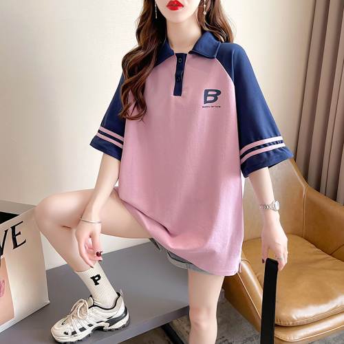Cotton short sleeve T-shirt for women summer 2022 Korean version raglan sleeve stripe Lapel new top large female