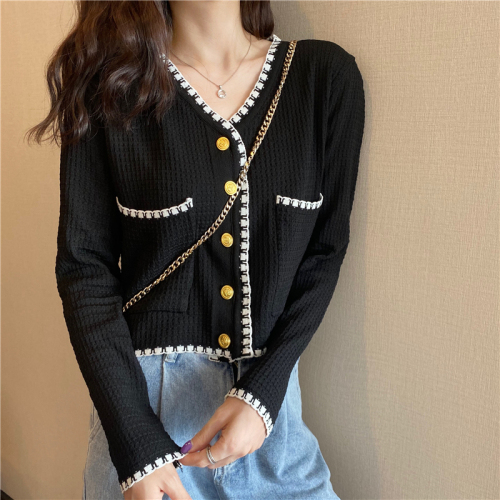 Real shot real price new metal button knitted neckline small fragrance knitting long sleeve V-neck cardigan coat top women