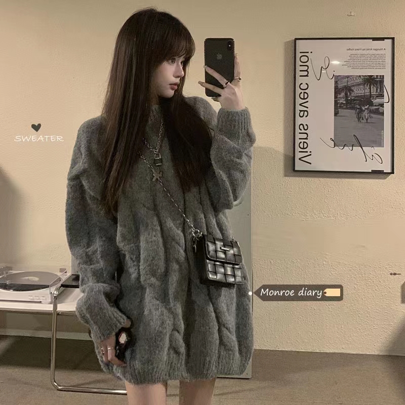 Thick line hemp flower mid-length sweater women's autumn and winter new style 2022 Korean soft and glutinous lazy style niche thick top