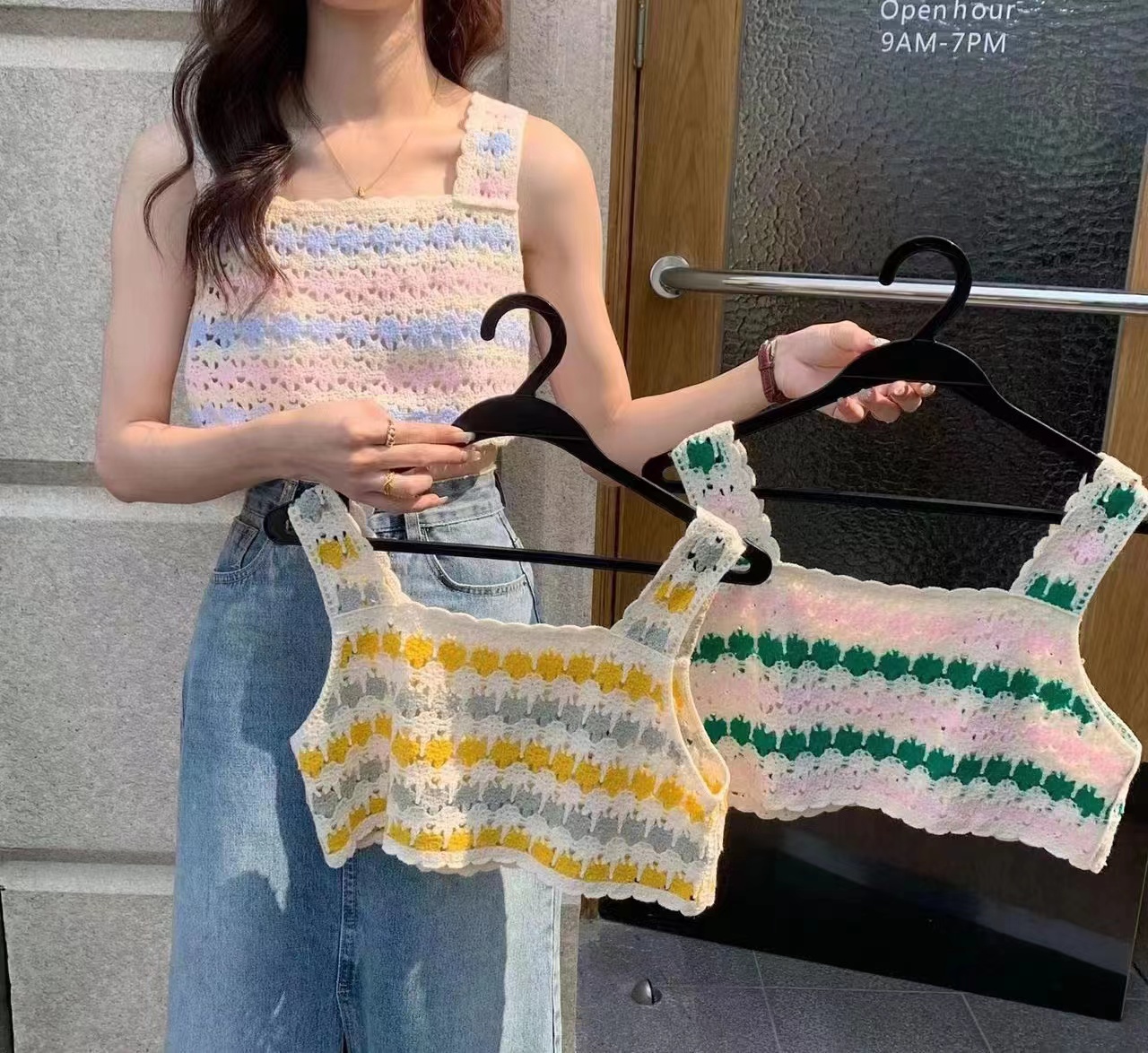 2023 summer new holiday style hollow bottoming knitwear small camisole women wear short tops inside and outside