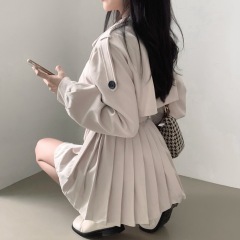 Update the size of the Korean chic autumn retro suit collar tie long dress with pleated trench coat