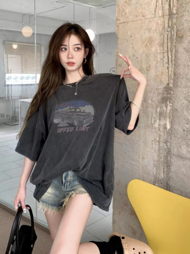 230g pure cotton American style retro washed old funny printed loose top