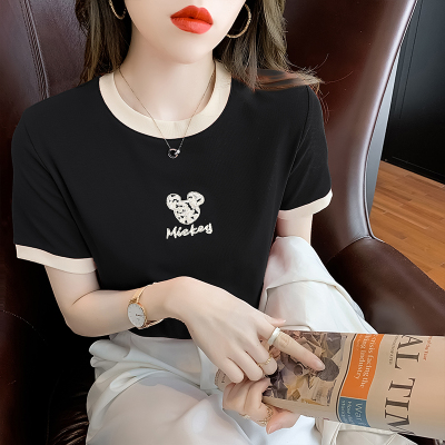 Summer 2022 new cartoon embroidery contrast color cotton short sleeve T-shirt women's fashion short high waist top T-shirt