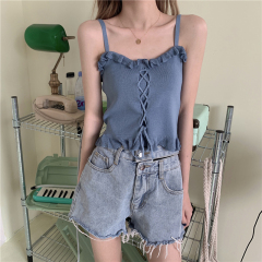 Real price ~ Korean version versatile short ruffle, knitted back with drawstring, bottom strap