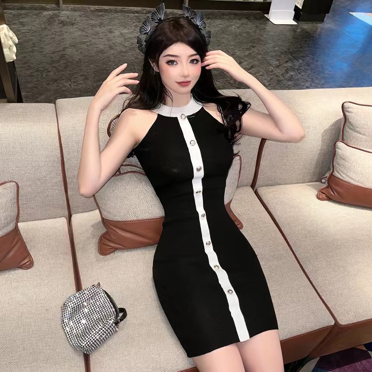 2022 spring and summer net red girl sexy hanging neck color matching tight Hip Wrap short skirt sleeveless knitted dress women