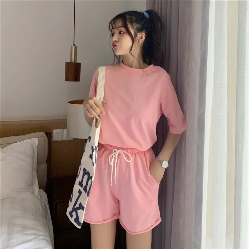 Short sleeved three-part shorts casual sportswear set women's 2021 summer clothes new fashion solid color running two-piece set fashion