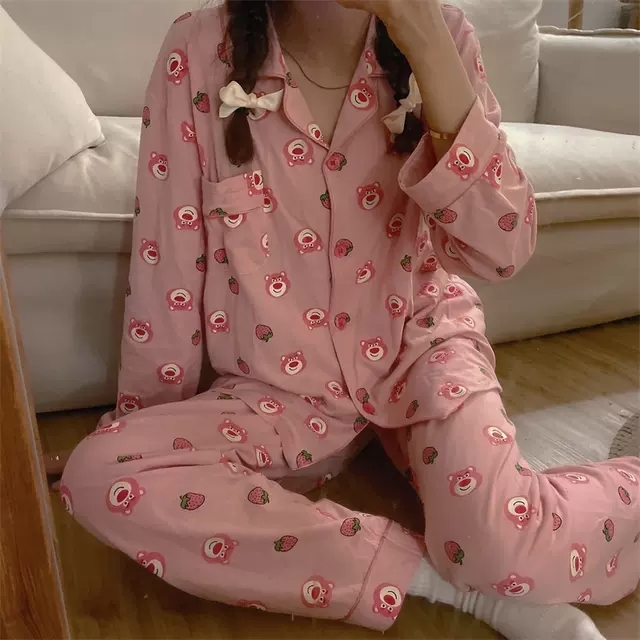 Real shooting pajamas female spring and autumn long sleeve Japanese cute cartoon strawberry bear can wear home clothes suit